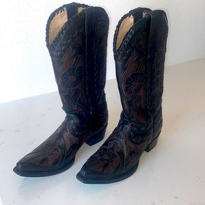 Lane fine boots Size 8 1/2 Black and Brown floral stitch boot